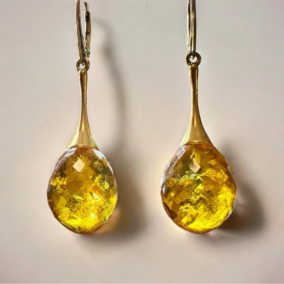 Genuine Faceted Honey Amber Gold/Sterling Dangle Earrings - Picture 5 of 13